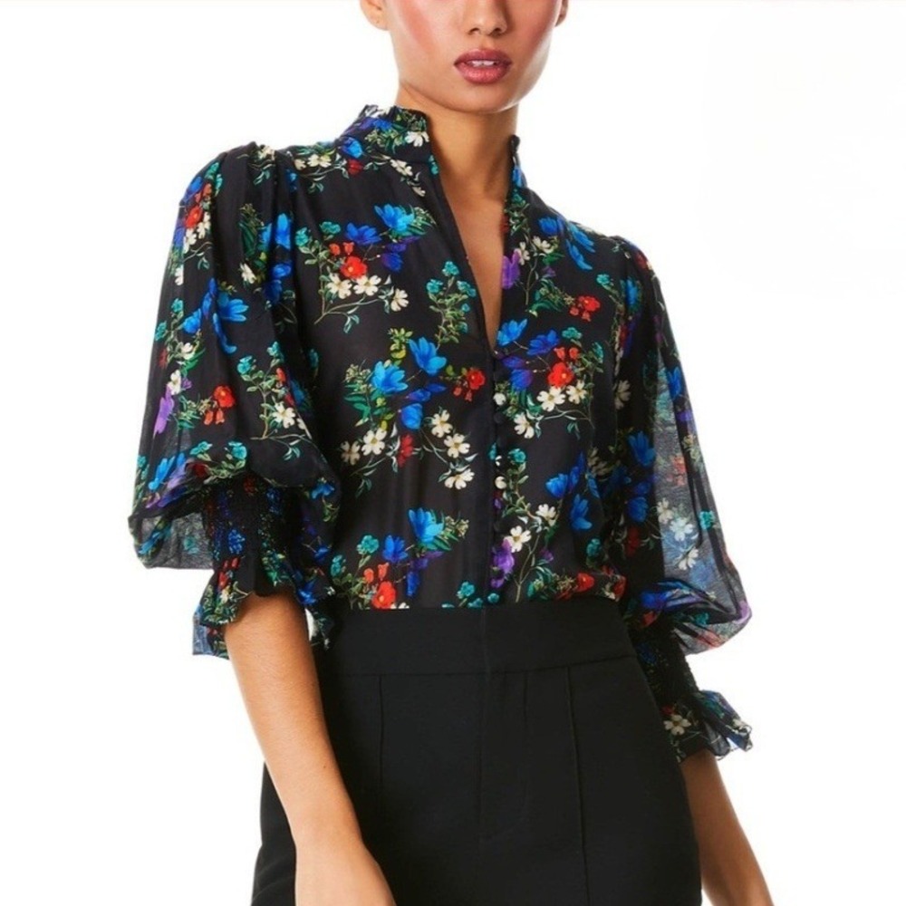 Alice and Olivia Ilan Smocked-Sleeve Button-Front Blouse Beautiful Blooms Small